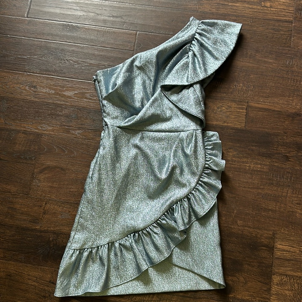 Topshop Metallic Blue One Shoulder Dress with Ruffled Asymmetrical Front. Size 2